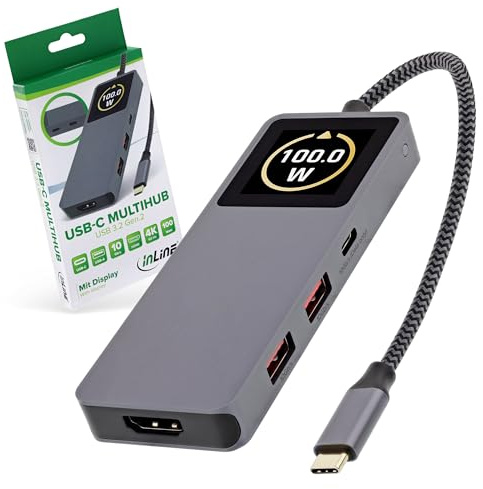 Inline Hub USB 3.2 Gen.2 con 3 x USB-C, 2 x USB-A, HDMI 4K, PD 100 W, Pantalla, Transferencia de Datos rápida, Compatible con Windows macOS Linux, 35392D