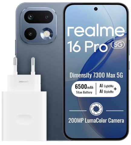 realme 16 Pro 5G Smartphone 8+256GB, Grey | Batteria 6500mAh, Ricarica Rapida 80W, Display AMOLED 6,78 pollici, 144Hz, Fotocamera 200MP, Dimensity 7300 Max, IP69
