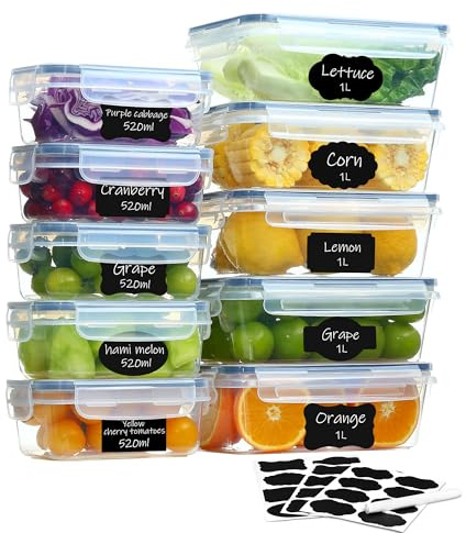 Hibisaws Contenitori Ermetici per Alimenti con Coperchio, Set 10 Pezzi 5 x 1 L + 5 x 520 ml, Senza BPA, per Meal Prep, Freezer, Microonde, Lavastoviglie, Impilabili