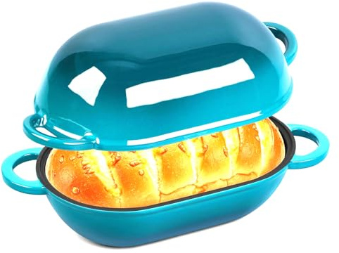 Maldira Olla de pan de hierro fundido esmaltado, horno holandés antiadherente para hornear pan de masa madre, apto para horno (azul pavo real, 3 cuartos de galón)