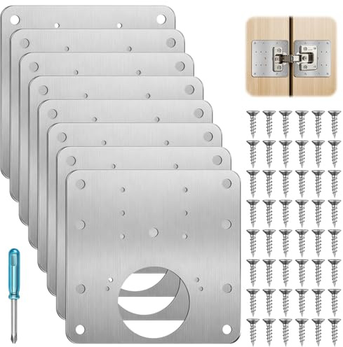 8 Pcs Hinge Repair Plate Kit, Stainless Steel Cabinet Hinge Repair Plate with 48 Screws and 1 Screwdriver, Cupboard Door Hinge Repair Brackets for Kitchen Wardrobe Wood Furniture