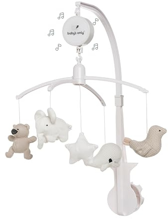 Baby Only - Music Mobile Baby - Med stickade figurer - Baby musiklåda med musik - Lätt att installera - mobil baby med musik - mjuka färger - För pojkar och flickor - Sand/ull Vit/Vit