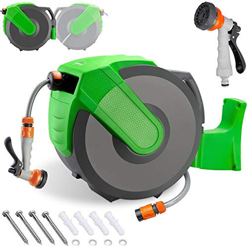 GARDEBRUK® Schlauchtrommel 30 + 2m Schlauchaufroller Wasser Handbrause 7 Funktionen 180° Schwenkbar Aufwickelstopper Gartenschlauch Grün