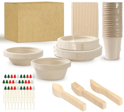 Eco-Friendly MZL Bamboo 200-Teiliges Kompostierbares Papierbesteck-Set, Einweg-Pappteller-Set, Biologisch Abbaubar, Geeignet FüR Hochzeiten, Partys, Picknicks Und Grillfeste