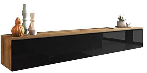 Mirjan24 TV Lowboard Stone, TV Schrank, Fernsehschrank, Grifflose Öffnen, Hängeschrank Hochglanz Matt Wohnwand (Wotan/Schwarz Hochglanz, Modell: 180 / ohne LED Beleuchtung)