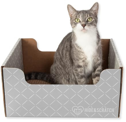 Hide & Scratch Cardboard Cat Scratcher Box & Bed - Light Grey Diamond | Double-Sided Corrugated Pad for Indoor Cats | Refillable Scratching Board Toy for Play & Furniture Protection