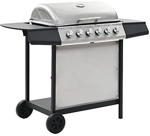 Tidyard Barbacoa Portátil de Gas Barbacoa Gas Piedra Volcanica con 6 Zonas de Cocción Plateado y Negro Acero Inoxidable 112 x 54 x 98 cm