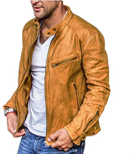 BUGGOF Casual Jacke Herren Einfarbig Frühling Lederjacke Herren Stehkragen Mehrere Taschen Motorradjacke Herren Reißverschluss Dekoration Übergangsjacke Herren E-Light Brown XXL