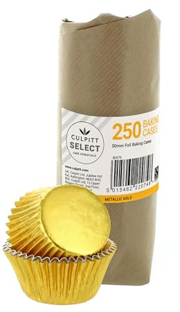 Culpitt Select 50mm Gold Foil Baking Cases - 250 Pack | Premium Greaseproof Foil, Fits Standard Cupcake Trays, 40mm Height, Colour Won't Fade