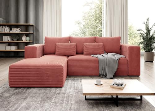 Moderno Ecksofa mit Schlaffunktion und Bettkasten Stripes - Sofa mit 3 Sitzer und Robuste überzug - Schlafcouch L-Form - Modern Couch Cord - 255x73x161 cm - Links Rosa