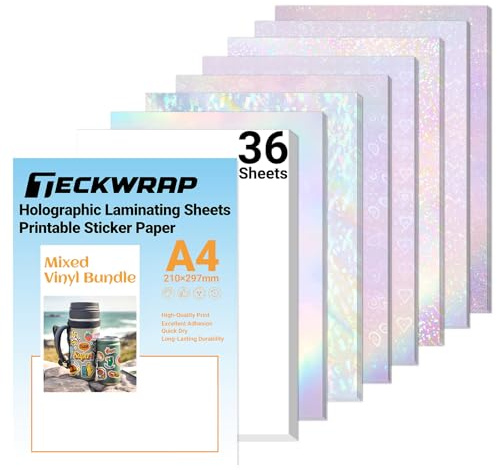 TECKWRAP Papier adhésif holographique, laminage transparent, en vinyle, blanc mat, imprimable, 21,6 x 27,9 cm, format A4, scrapbooking, massicots