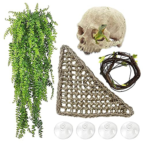 MUYG Bearded Dragon Skull Hide Decor,Reptile Natural Seagrass Hammock Lizard Lounger Reptiles Tank Accessories Jungle Climber Bendable Vine Habitat Decorations for Chameleon Spider Snakes(4Pcs)