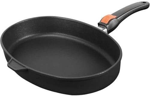 SKK große Aluguss Fischpfanne 38x26 cm - induktionsgeeignet - ovale 7 cm hohe Antihaft Hochrand-Pfanne & abnehmbaren Stiel - Made in Germany