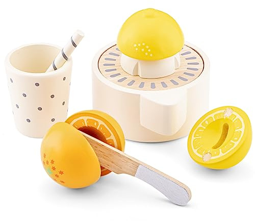Woet Holz-Zitruspresse mit schneidbarem Obst und Becher | Spielküchengerät, Zitruspresse, schneidbares Obst, Spiellebensmittel aus Holz, Küchenzubehör, ab 3 Jahren