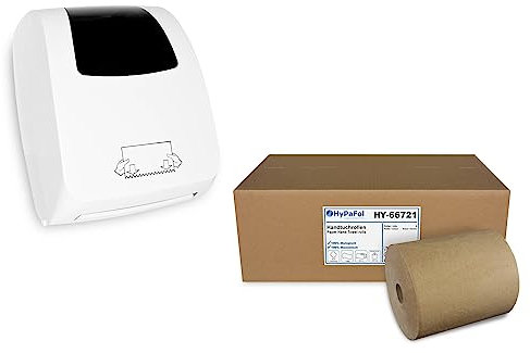 Hypafol Set Handtuchrollenspender mit Papierhandtuchrolle | Autocut, weißer Kunststoff | abschließbar | einfache Bedienung | 1-lagige Handtuchrolle mit 19 cm Rollenbreite, Recycling Natur, 240 Meter