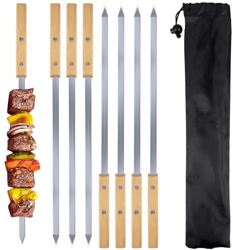 KEYIDO 42cm Turkish Adana Flat Kebab Skewers with Beech Wood Handles, 8 Pack Heavy Duty Stainless Steel Long Barbecue Skewers, Large Metal BBQ Skewers with Storage Bag (16.5)