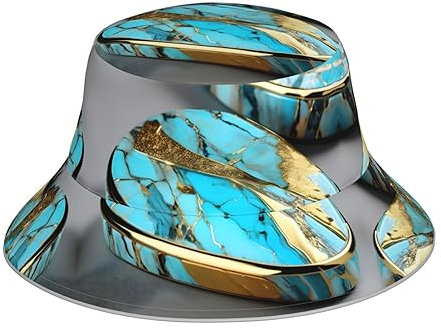 Bucket Hats Fischerhut, doppellagig, Polyester-Twill-Stoff, für Damen und Herren – UV-Schutzbrett, Türkis Marmor, EinheitsgröÃŸe