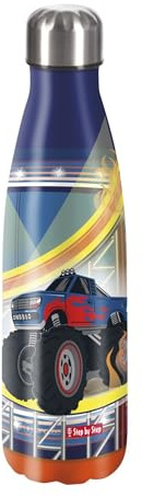Step by Step Isolierte Edelstahltrinkflasche „Monster Truck Rocky blau - rot, Auto, für kohlensäurehaltige Getränke, auslaufsicher, Schraubverschluss, 100% recycelbar, Schule & Freizeit, 0,5 Liter