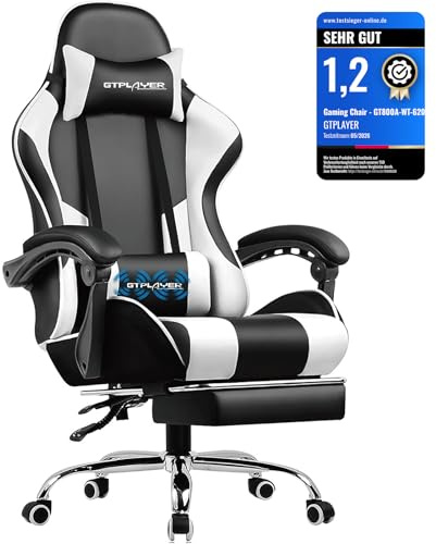 GTPLAYER Spelstol massage ergonomisk datorstol med fotstöd och ländryggsstöd justerbar spelstol med 360° svängbart säte och nackstöd för kontor vit