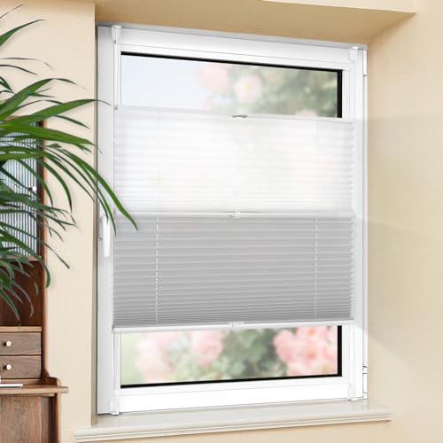 Buseu Plissee Day & Night 65x130cm Weiß+Grau Faltrollo 100% Blickdicht Plisseehalter ohne Bohren für Fenster & Tür