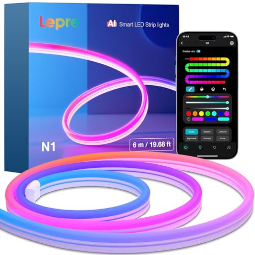 Lepro AI Neon LED Strip N1, 6m Neon LED Streifen mit App-Steuerung,DIY Shape,Musik Sync,funktioniert mit Alexa&Google Assistant, Lichtband für Wohnzimmer,Wand Deko,Party,KI-Lichtdesign-Assistent