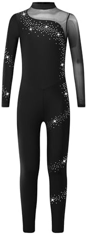 Freebily Konstnärlig Träningsoverall Flicka Balett Bodysuit Klassisk Dans Bodysuit Långärmad med Strass Ballet Leotard Bodysuit Konståkning Jumpsuit Jumpsuit, Svart, 7-8 år