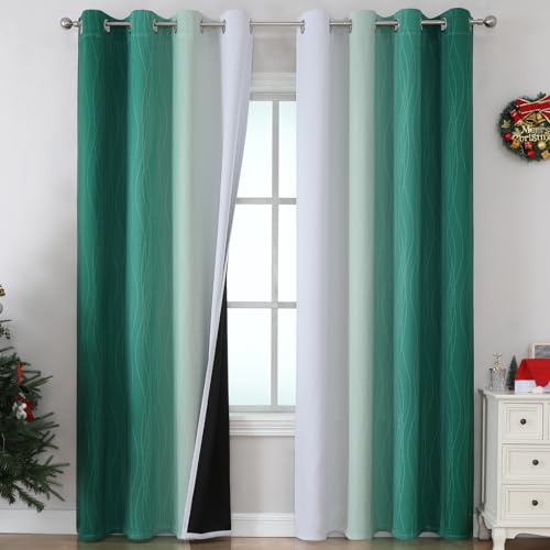 VEHEDE Ombre Blackout Curtains for Bedroom 96 Inch Drop, Thermal Insulated Curtains for Sliding Door, Noise Reducing Drapes for Living Room, W52 x L96 Inch, Dark Green and Greyish White, 2 Panels