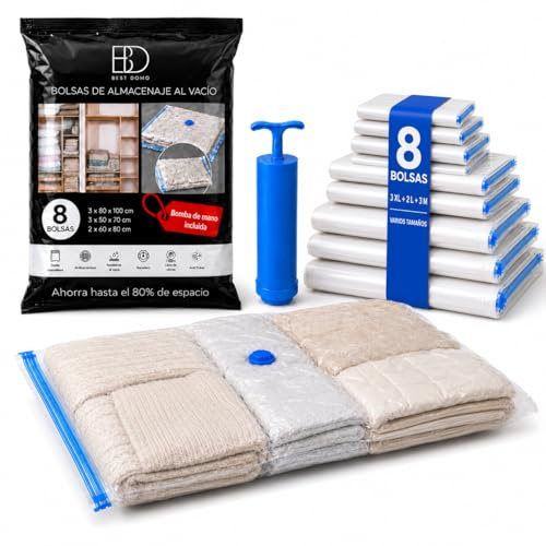 Bolsas para guardar ropa al vacío pack 8 unidades varios tamaños 3 XL + 2 L + 3 M, con bomba manual y cierre hermético, para ahorrar espacio armario, viajes y mudanza