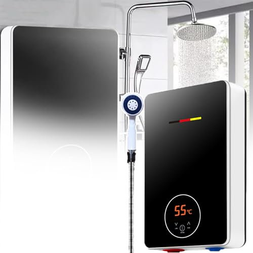 QIeAny 6000W Tankless Water Heater,Digital Display/touch Screen,3-button Gear Position,Temperature Control (30~55℃),With Shower Set,constant Temperature,Water Enters Below,A,Black