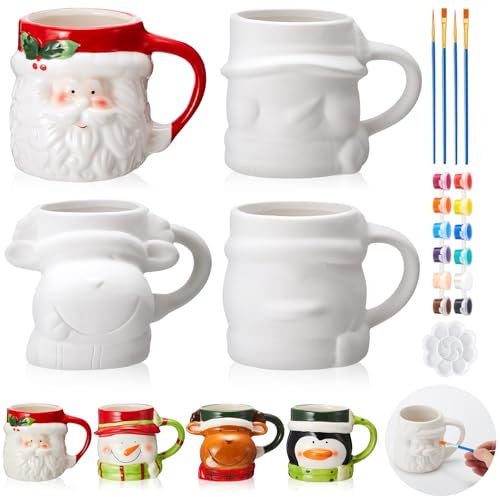 LOYIM Set mit 4 weihnachtlichen Bechern zum Bemalen Ihrer eigenen Weihnachtstassen, Keramik, zum Bemalen von Weihnachtsmann, Schneemann, Elch, Pinguin, Bastelset mit Farben, Pinseln, Palette für