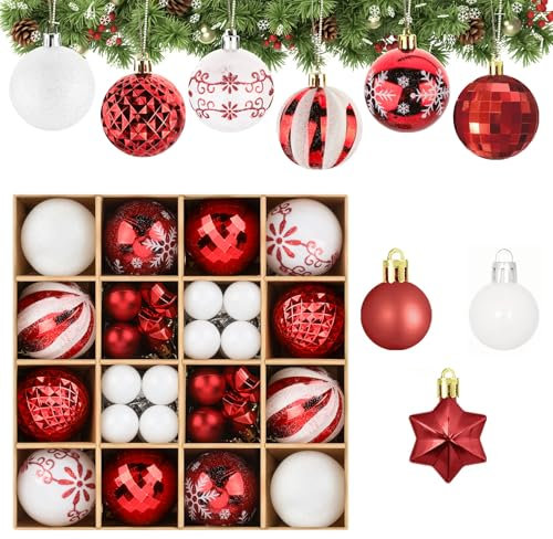 44 Stück Weihnachtskugeln Kunststoff, 3 & 6 cm Christbaumkugeln Weihnachtsbaumkugeln Set, Weihnachtskugeln Rot Weiß, Plastik Weihnachtskugeln, Mehrweg Weihnachtsbaum Deko Weihnachtskugel