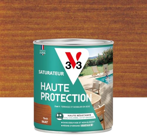 V33 Saturateur bois extérieur Teck mat - Pour terrasses et mobilier de jardin - Haute résistance eau chlorée, UV et graisse - Sans essuyage et non glissant - Résine d'origine végétale - 0,75L | Pour terrasses et mobilier de jardin, Haute résistance eau chlorée, UV et graisse, Sans essuyage et non glissant