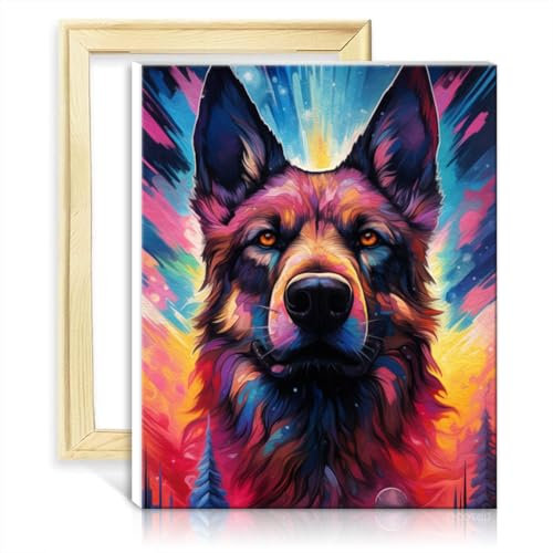 LiHEQING Malen nach Zahlen mit einem Deutschen Schäferhund, mit Pinseln und Acrylbild als Kunstbild für die Heimdekoration, selbst gestalteter Rahmen (30 x 40 cm)