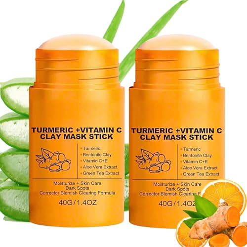 2PCS Turmeric Vitamin C Clay Mask Stick, Blackhead Remover with Aloe Vera & Green Tea Extract, Turmeric Deep Cleansing Face Masks Skincare for Reduce Pore Dark Spots Brightening for Men & Women, 2x40G