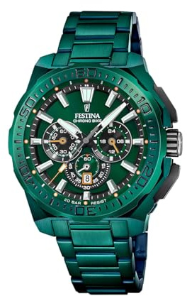 Festina Reloj Hombre Analógico de Acero Inoxidable 316l Verde - Movimiento de Cuarzo - Cronógrafo - Calendario - Cristal Mineral de Alta Resistencia - Resistente al Agua 20 ATM F20730/1 Chrono Bike