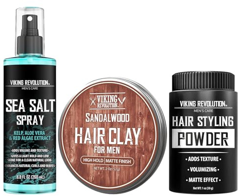 Viking Revolution Sea Salt Spray for Hair Men (8 fl oz), matt sandal hårlera (2 oz) och hårstylingpulver för män (1oz) - herrhårstylingskit - den ultimata trioen för textur, volym och håll