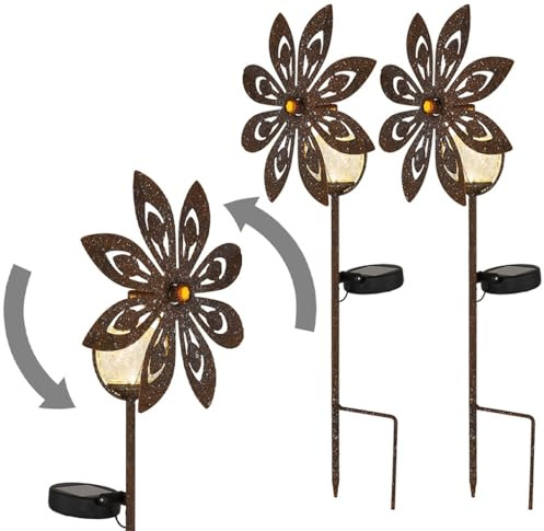 Gartendeko LED Solarlampe Windrad Terrassenlampe rostfarben Außenlampe Erdspieß, Metall gelb, Bruchglas, warmweiß, LxH 20x50 cm, 2er Set