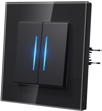 MVAVA Interruttore della luce da incasso, interruttore della luce con strisce luminose blu, interruttore in vetro moderno, montaggio semplice 86mm*86mm, interruttore a parete, 2 vie 1 verso, nero