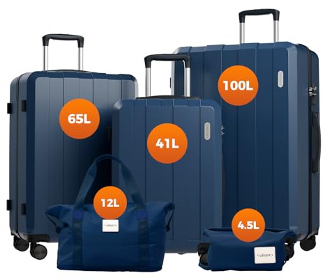 Vallsero Set di valigie, trolley, valigia da viaggio, 5 pezzi, ABS, lucchetto TSA, include 1 borsa da viaggio e 1 beauty case, 4 ruote, manico telescopico in alluminio, Blu scuro, Set di valigie di