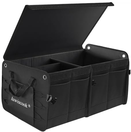 70L Car Boot Organiser Collapsible Car Boot Storage Box with Foldable Cover | Upgraded 1680D Oxford 3 Large Compartment Organiser Car Boot Bag, Non Slip Double-layer Bottom, 5 Side Pocket & Elastic Strap