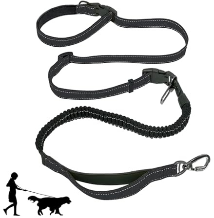 Hands Free Dog Lead for Running, Hiking & Car Travel – 6-in-1 Adjustable Bungee Lead for Large Dogs, Waist/Wrist/Shoulder Belt, Shock Absorbing No-Pull Design, 1.5–2.5 m (Black)