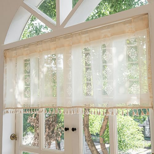 RoxNvm Scheibengardinen Landhausstil, 1PCS Gitter Boho Gestreifte Küchengardinen Landhausstil, Quaste Bistrogardine, Fenstergardinen Scheibengardinen Küche mit Dekoriert Vorhang (146 x 46cm)