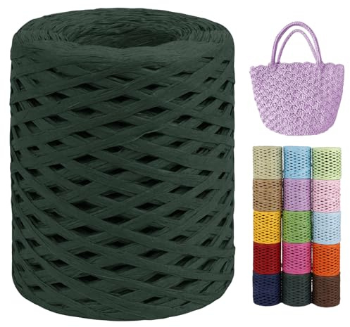 LEREATI Raffia Garn zum Häkeln von Taschen, 3mm x 200m Flach Papierdraht Bast Band Natur Paketschnur Papiergarn Raffia Bast zum Häkeln Handtasche, Körbe, Hüte, Geschenkverpackung (Dunkelgrün)
