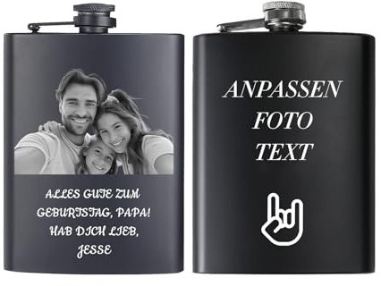 Flachmann Mit Gravur Personalisierter Flachmann Edelstahl mit Fototext personalisiertes Geschenk für Männer und Frauen Weihnachten Vatertag Trauzeugen (Fotos gravieren)