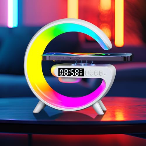 Suewidfay Lampada per atmosfera, 15 W, caricabatterie senza fili, atmosfera, lampada a LED, sveglia intelligente, lampada da tavolo con altoparlante Bluetooth, 10 modalità, luci per adulti, bambini