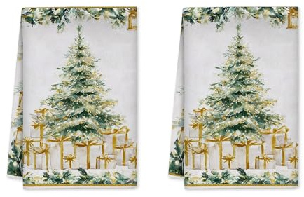Paños de cocina con diseño de árbol de Navidad, regalos tradicionales festivos, cinta dorada, microfibra verde de Navidad, paños de cocina de secado rápido, decoración de encimera, 16 x 24 pulgadas