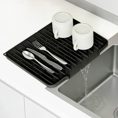 Volminex Alfombrilla Escurreplatos Silicona, 40x31cm Escurridor,Negro | Escurridor Fregadero, Escurreplatos de Fregadero Cocina, Tapete de Secado Rápido Elevado, Escurridor de Platos, Bandeja