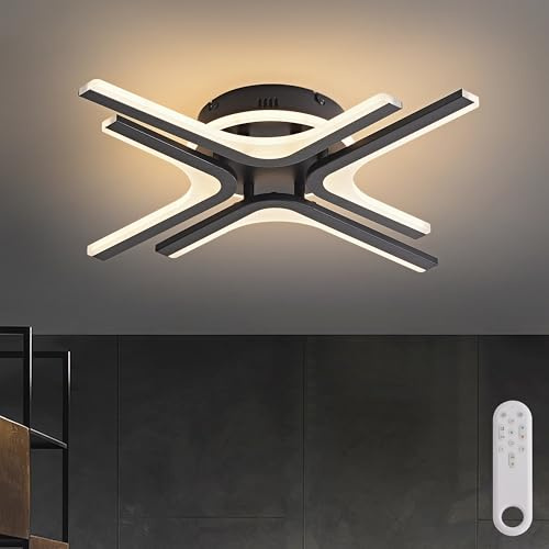 LED Deckenleuchte Dimmbar schwarz Stern, 57cm 32W Farbtemperatur 3000-6000K, Helligkeit 10-100%, Neu Fernbedienung/Mobile APP, Für Schlafzimmer, Wohnzimmer, Flur, Mit Memory-Funktion, 3W Nachtlicht