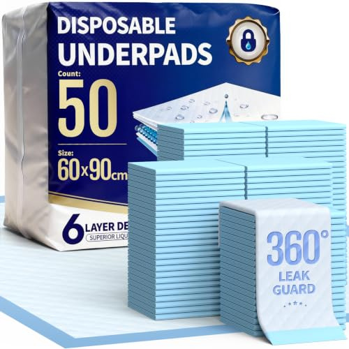 Powools Incontinence Bed Pads, 50 Pack, 6-Layer, Leak-Proof, 60 x 90 cm