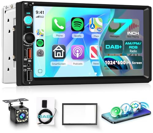 DAB Double Din Car Stereo with Apple Carplay Wireless Android Auto AM/FM/RDS, Hodozzy 7 HD IPS Touchscreen 2 Din Car Radio with Bluetooth 5.2 EQ SWC Reversing Camera+USB/TF Card/Aux/Type-C+Frame